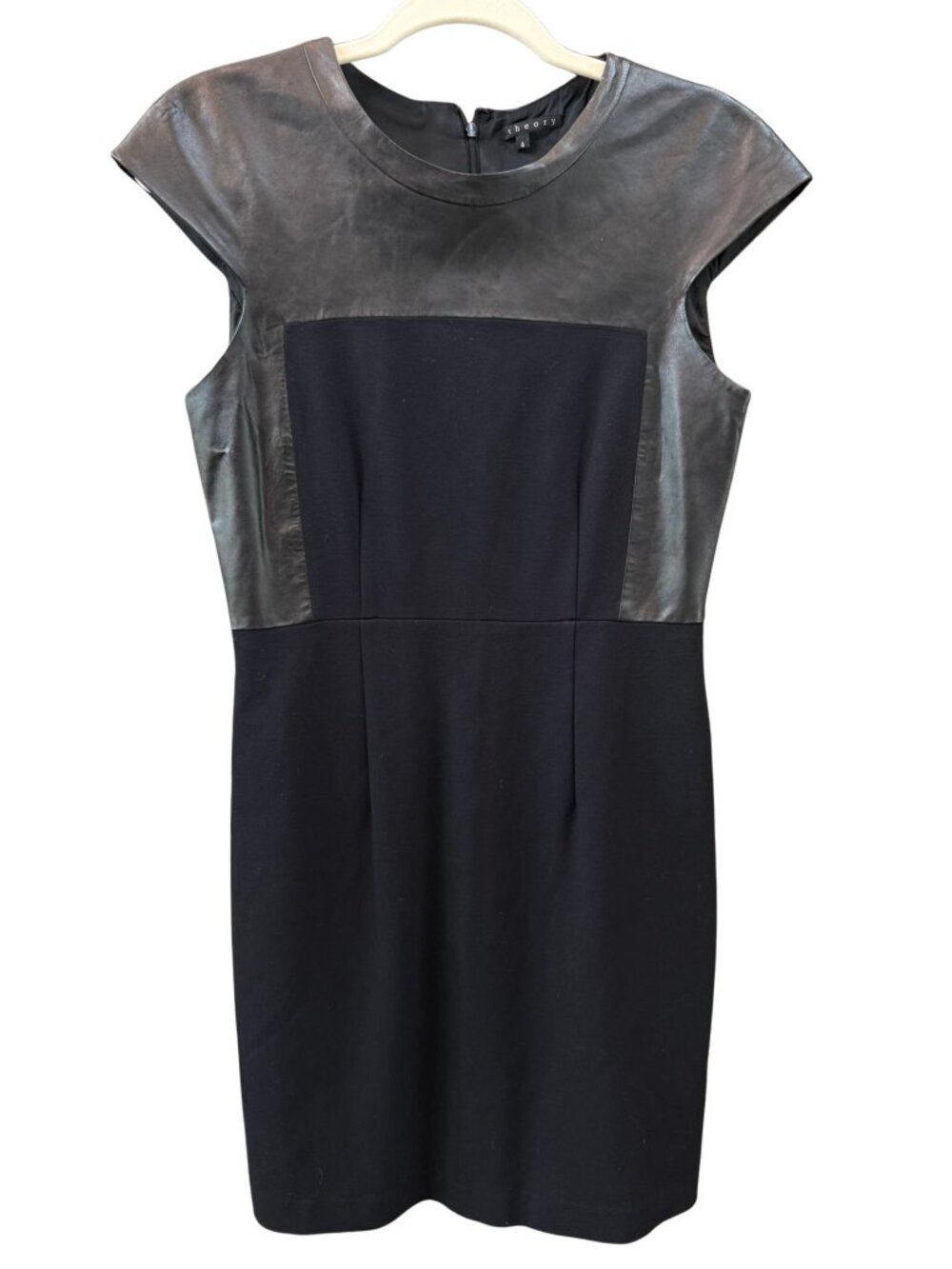 Theory Black Mixed Media Lamb Leather Sheath Dress Size 4